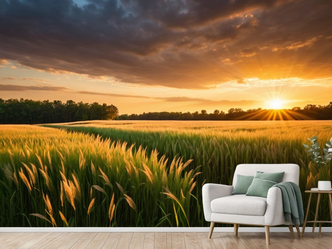 Serene Landscape with Golden Grass and Cozy Sofa