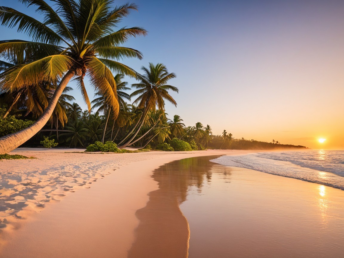 Serene Beach at Sunset with Palm Trees and Waves