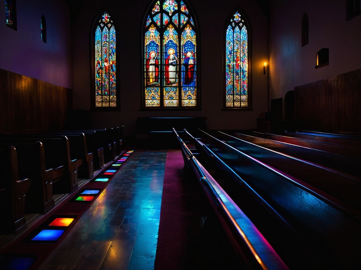 Serene Church Interior with Wooden Pews and Stained Glass