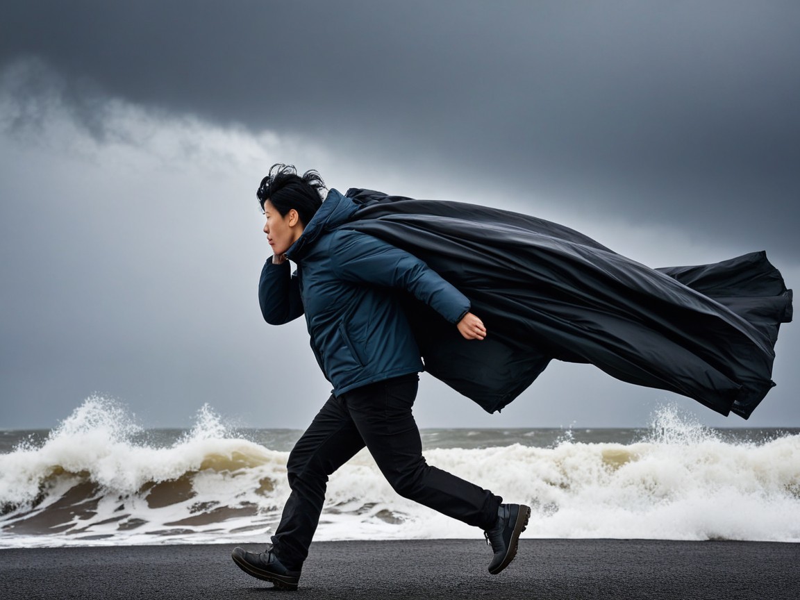 Dark Cloak Figure Running on Stormy Shoreline