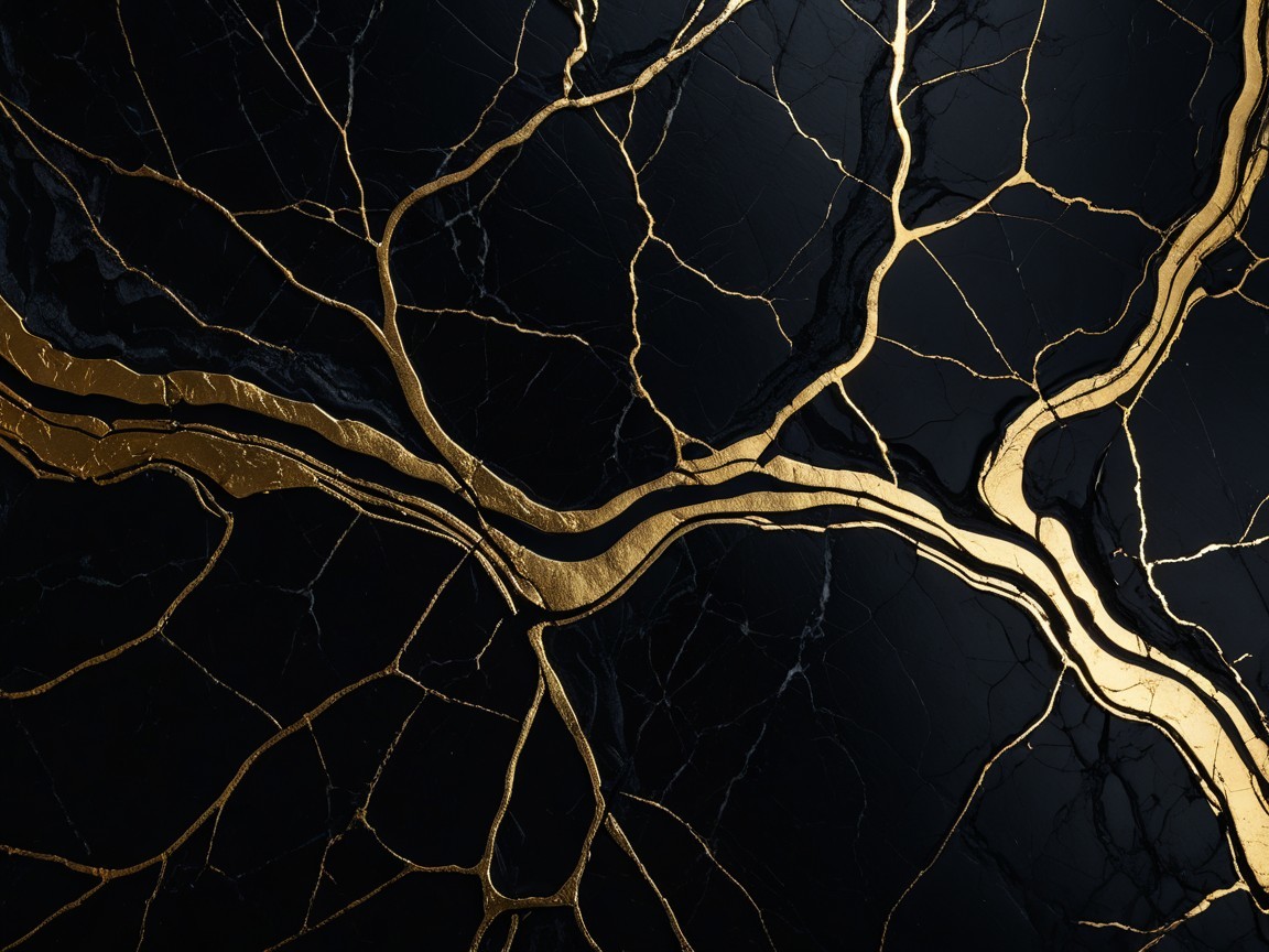Black Surface with Intricate Golden Veins Design