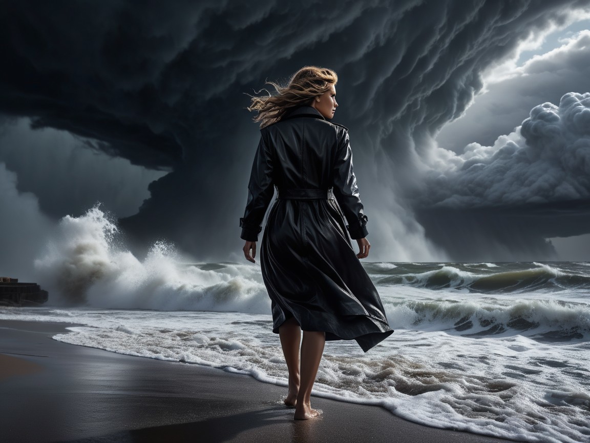 Woman in black coat on a stormy beach scene