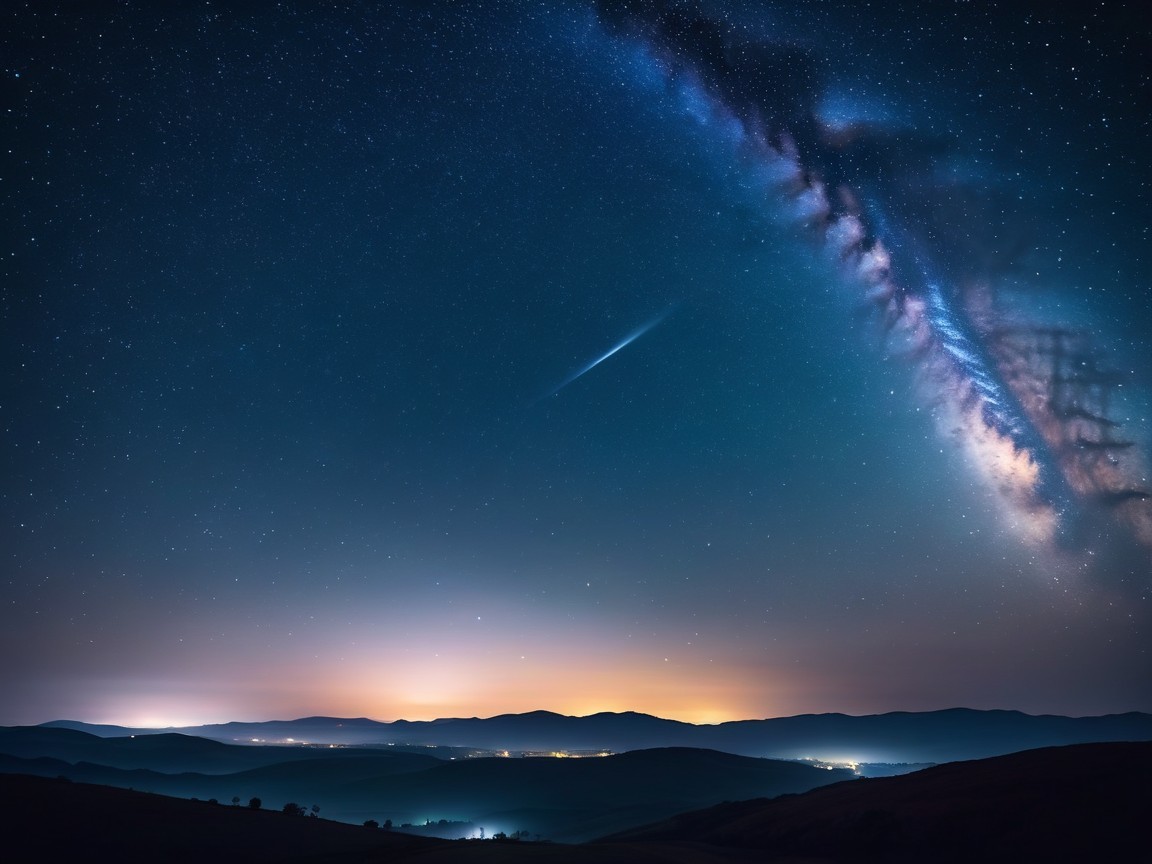Night Sky with Stars, Milky Way, and Comet Over Hills