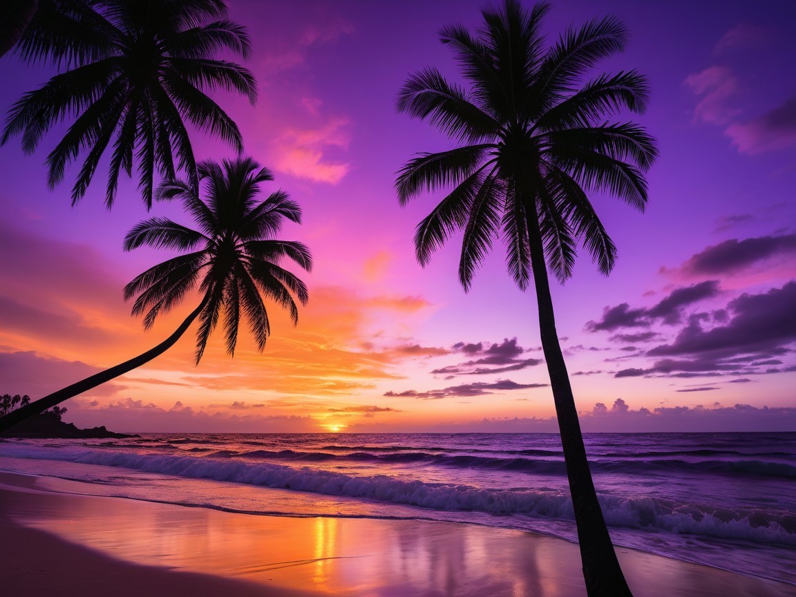 Serene Beach Sunset with Silhouetted Palm Trees