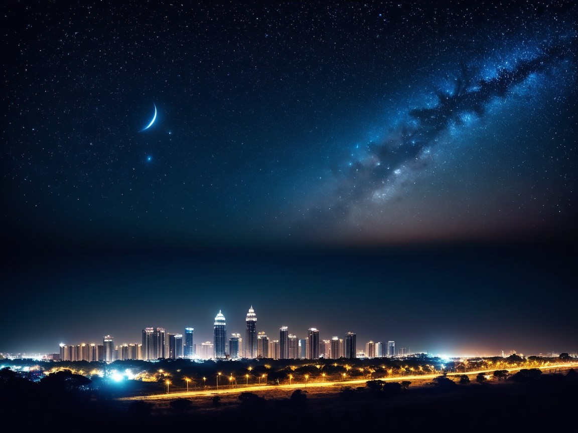 Nighttime Cityscape with Skyscrapers and Milky Way