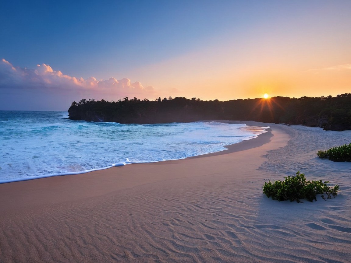 Serene Beach Sunset with Gentle Waves and Lush Greenery