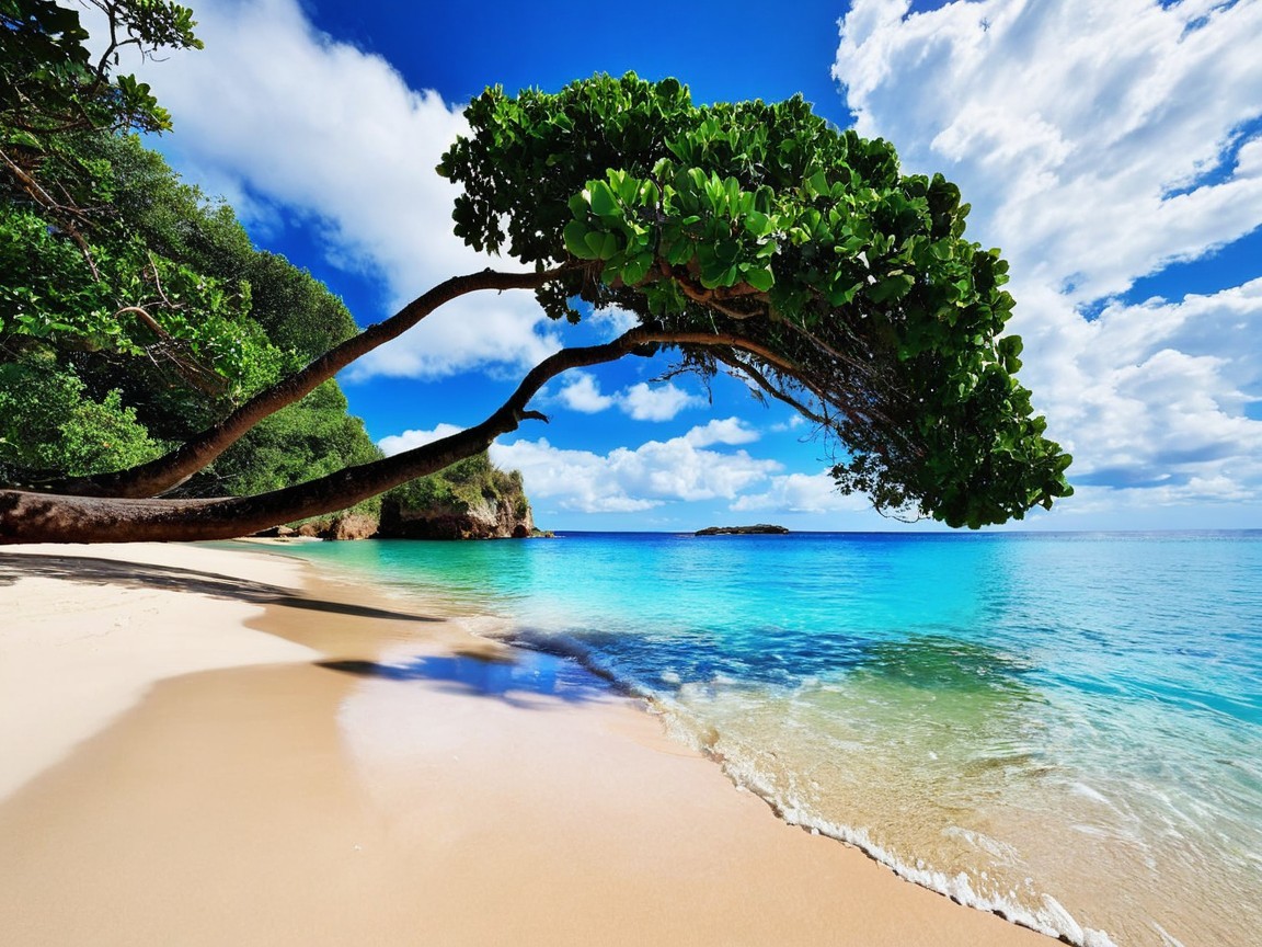 Serene beach scene with turquoise waters and lush trees