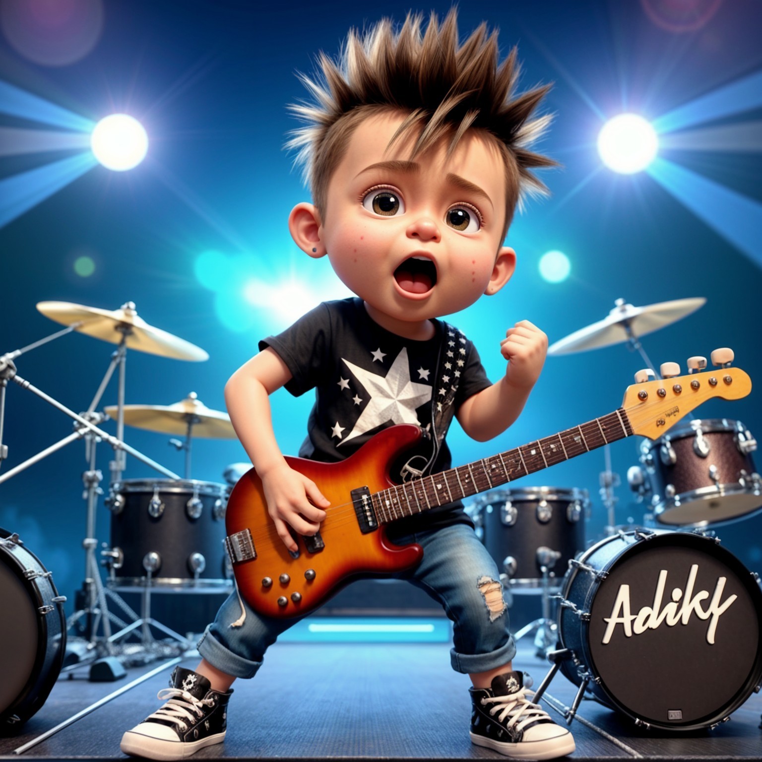 Animated Rock Star Character Playing Electric Guitar