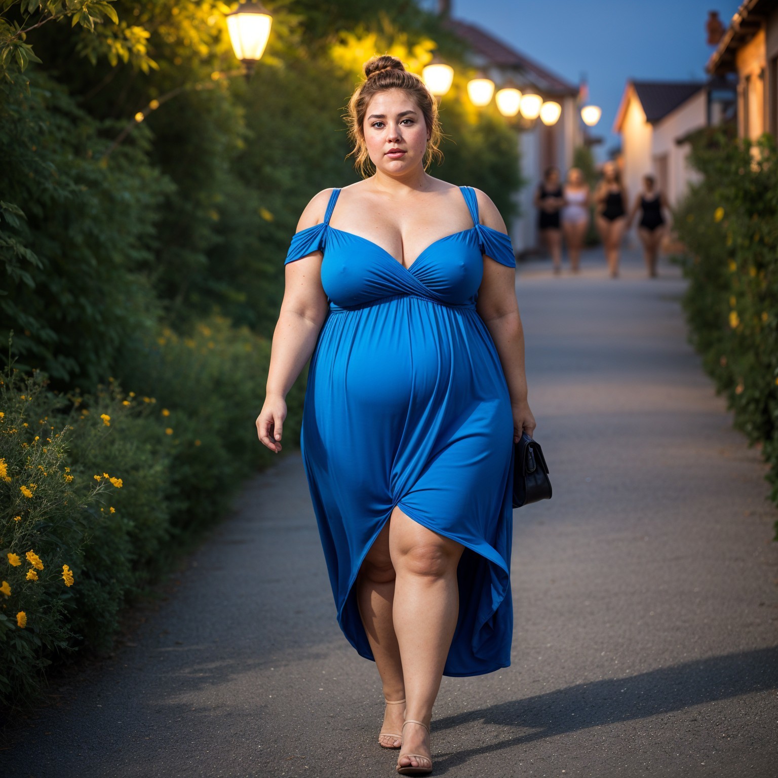 Evening Stroll of a Confident Woman in Blue Dress