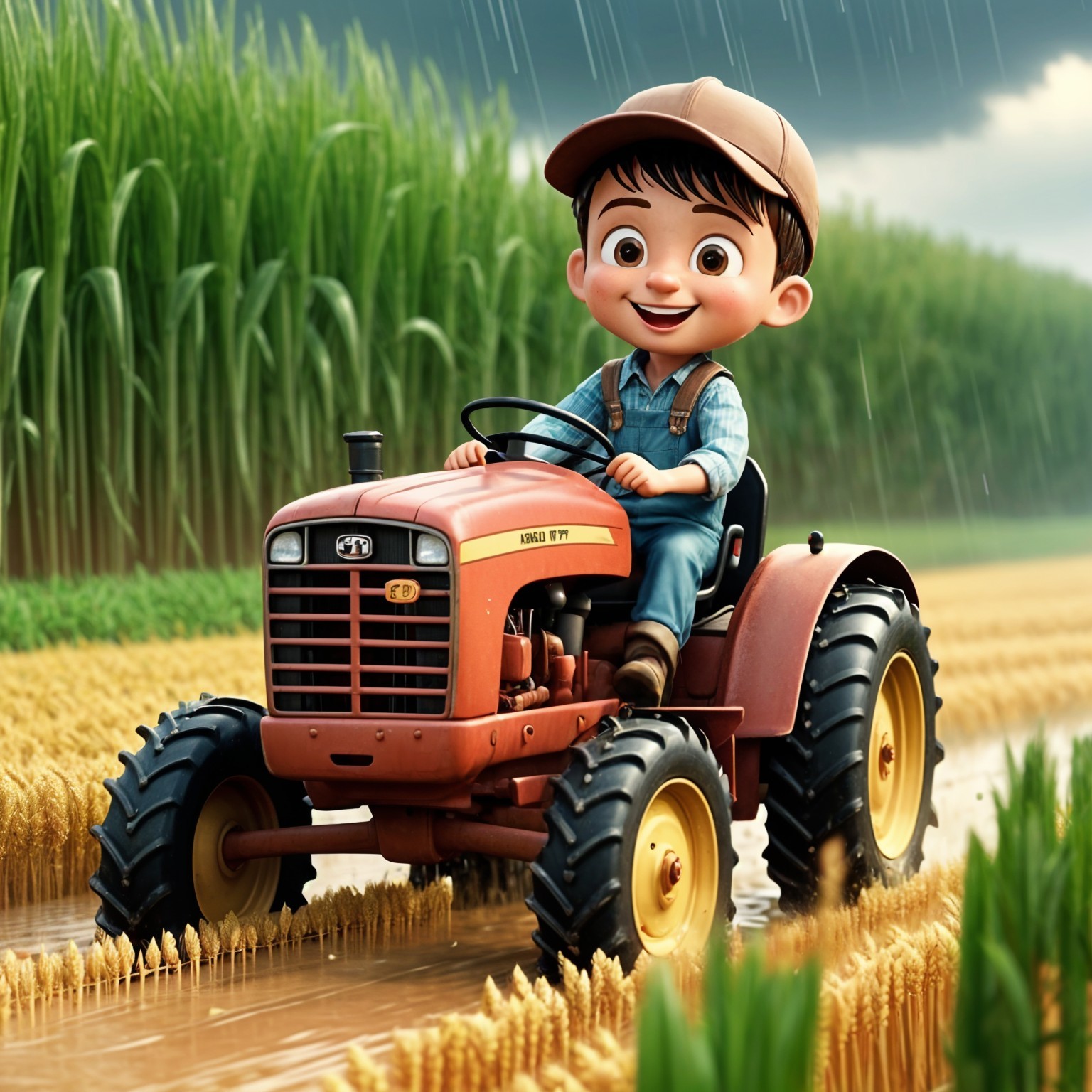 Animated Boy on Orange Tractor in Flooded Field