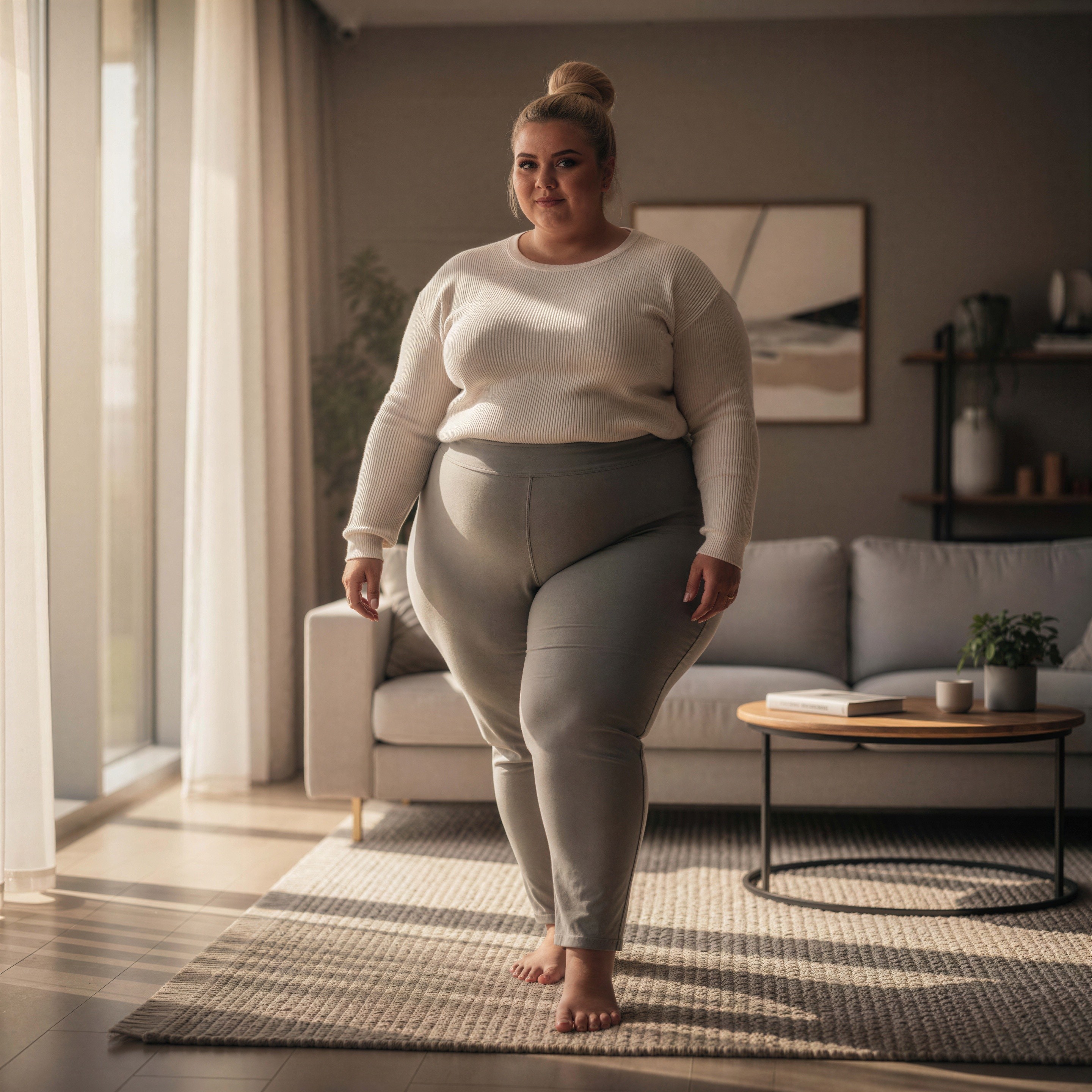 Plus-Size Woman in Cream Sweater in Modern Living Room
