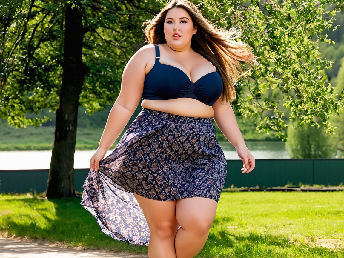 Confident Woman in Floral Skirt by Serene Lake