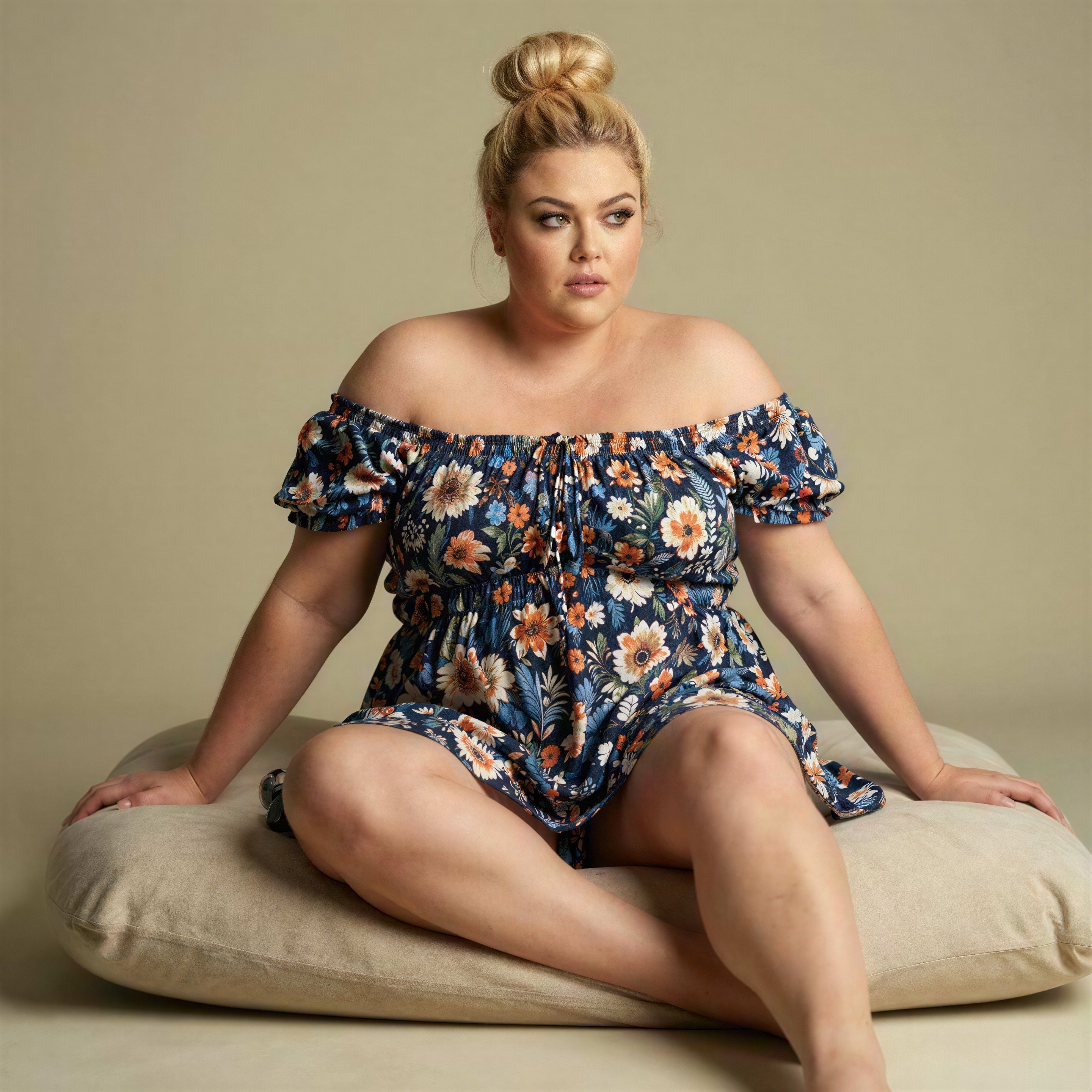 Full-body studio shot of a woman in floral romper