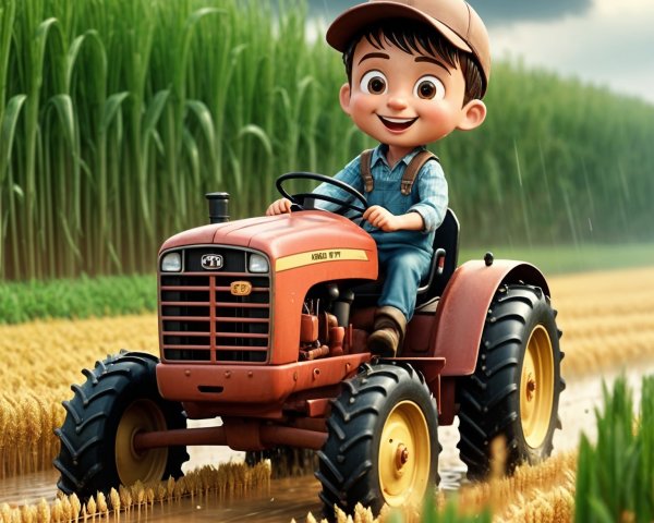 Animated Boy on Orange Tractor in Flooded Field
