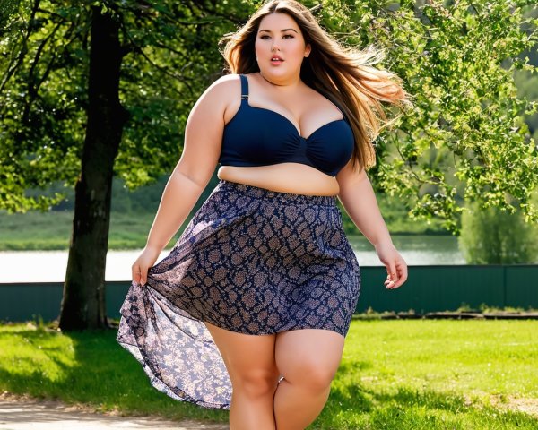 Confident Woman in Floral Skirt by Serene Lake