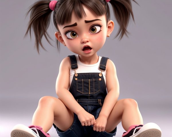Animated Young Girl with Expressive Eyes and Overalls