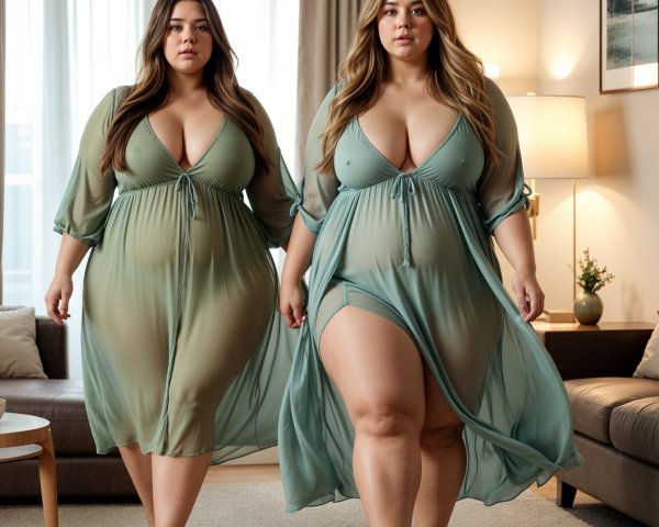 Women in Sheer Green Robes in Modern Living Room