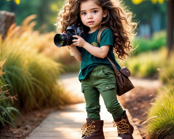 Young girl with curly hair on a green pathway