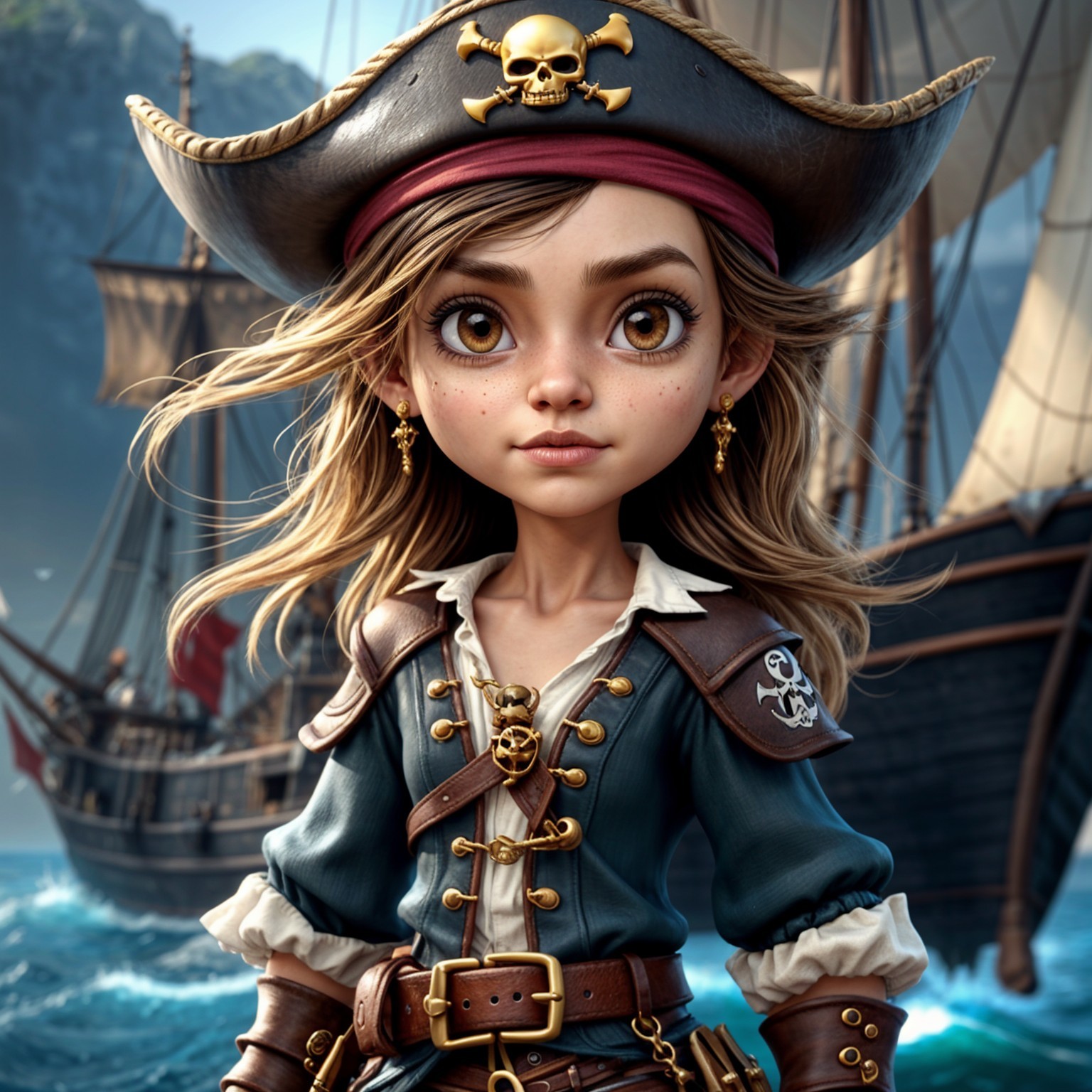 Young Female Pirate in Classic Outfit at Sea