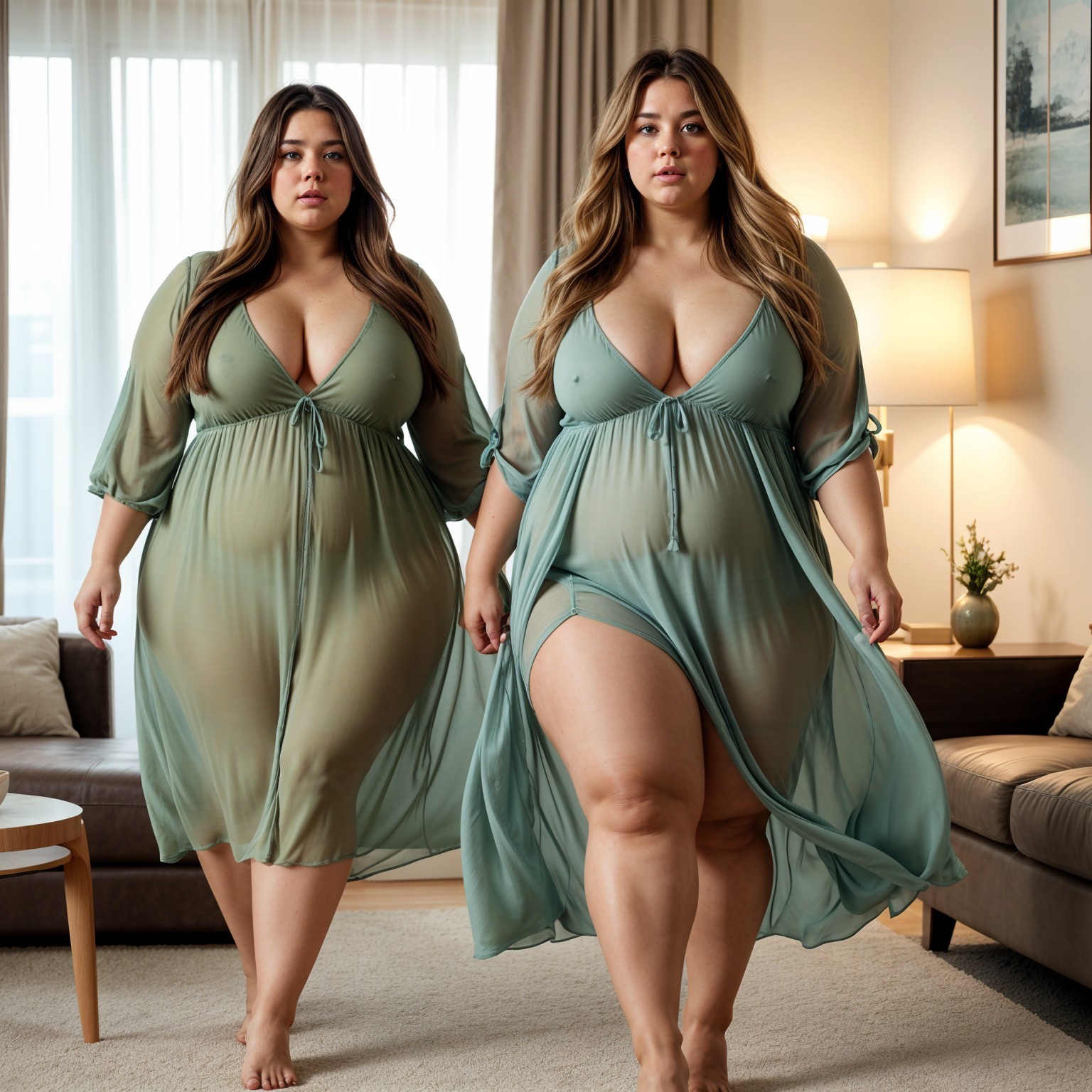 Women in Sheer Green Robes in Modern Living Room