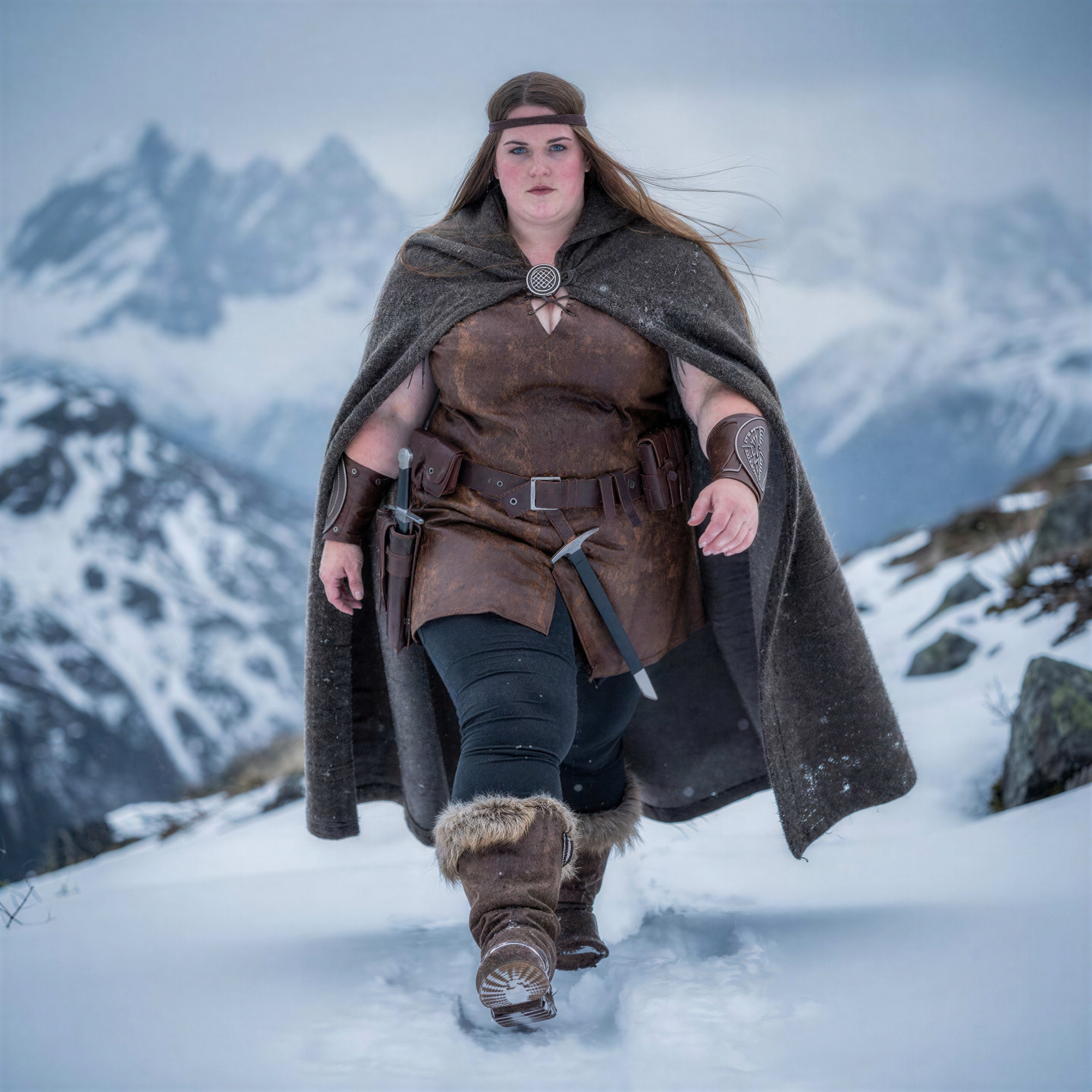 Adult woman in brown leather attire with accessories