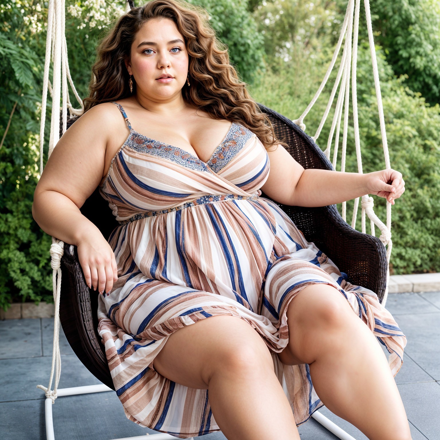 Woman in Striped Dress with Curly Hair in Hanging Chair