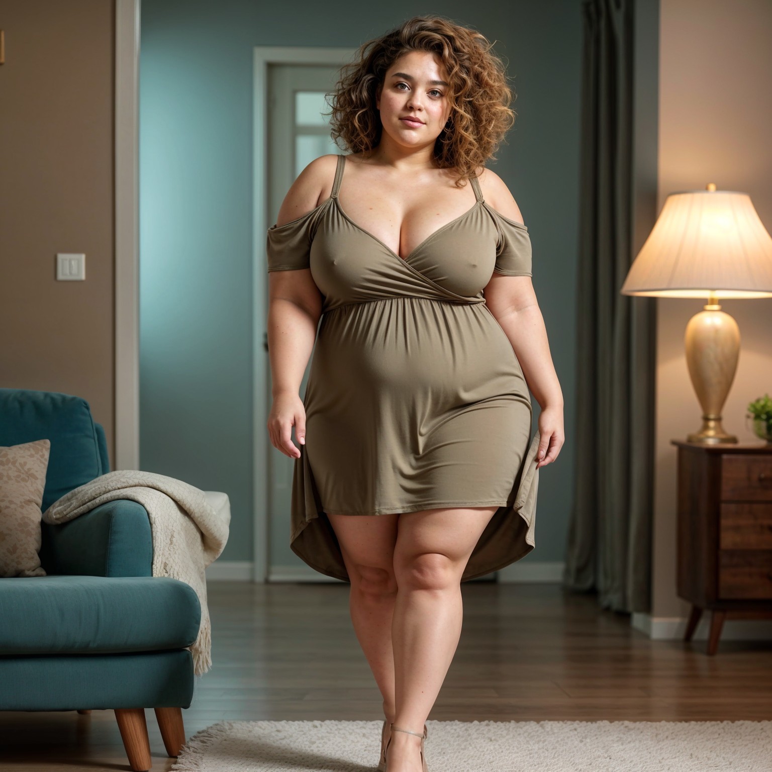 Confident Woman in Olive Green Dress in Cozy Room