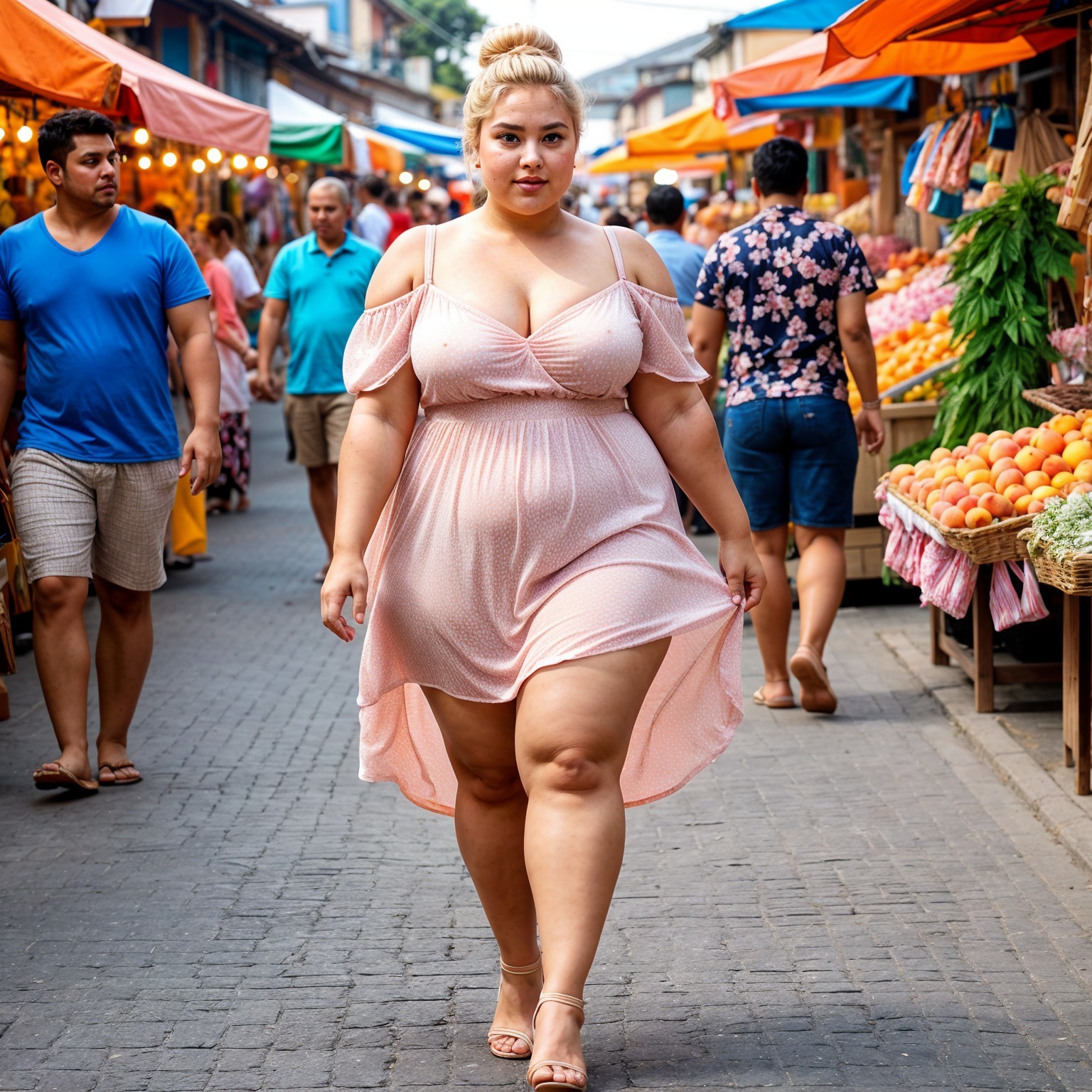 Vibrant Market Scene with Colorful Stalls and Shoppers