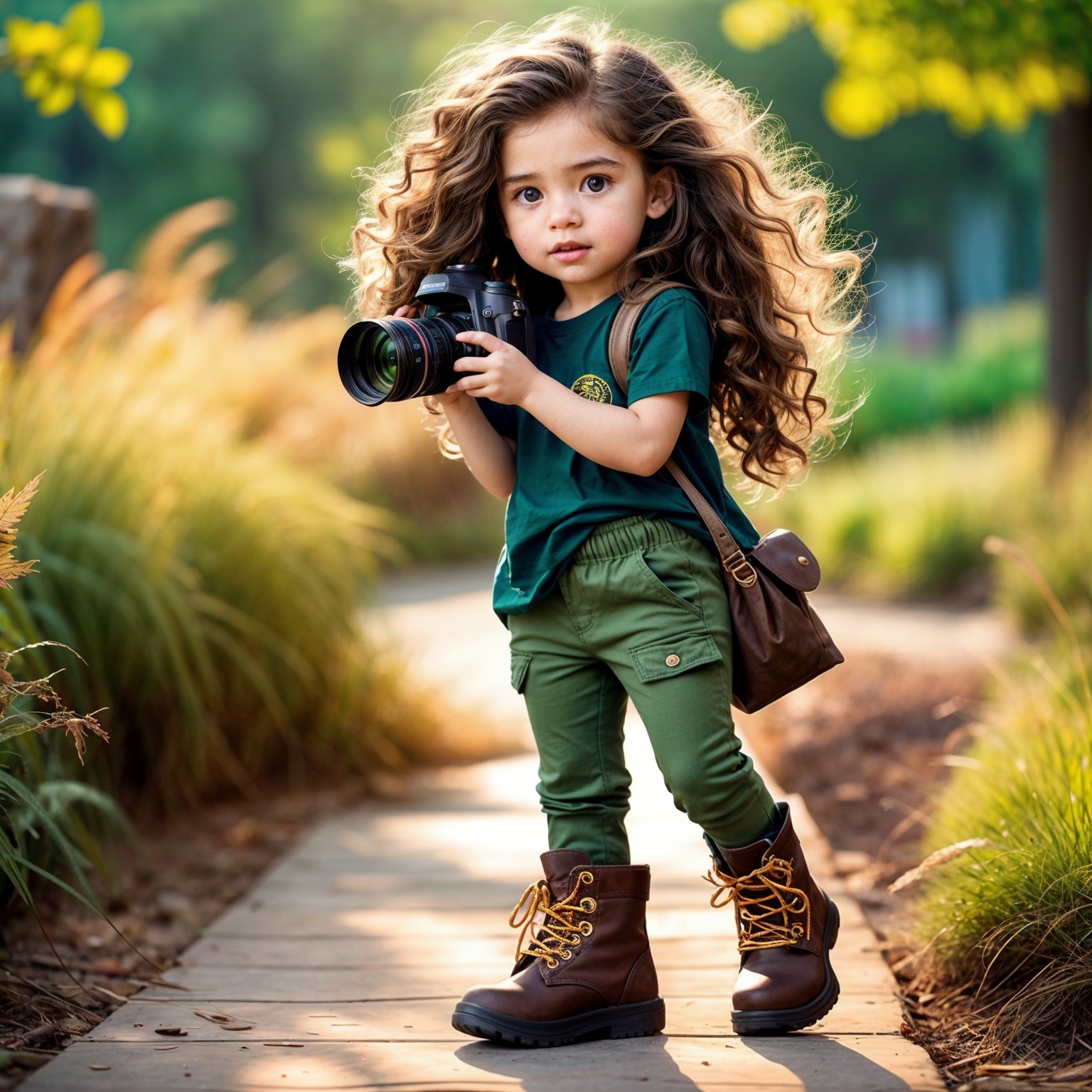 Young girl with curly hair on a green pathway