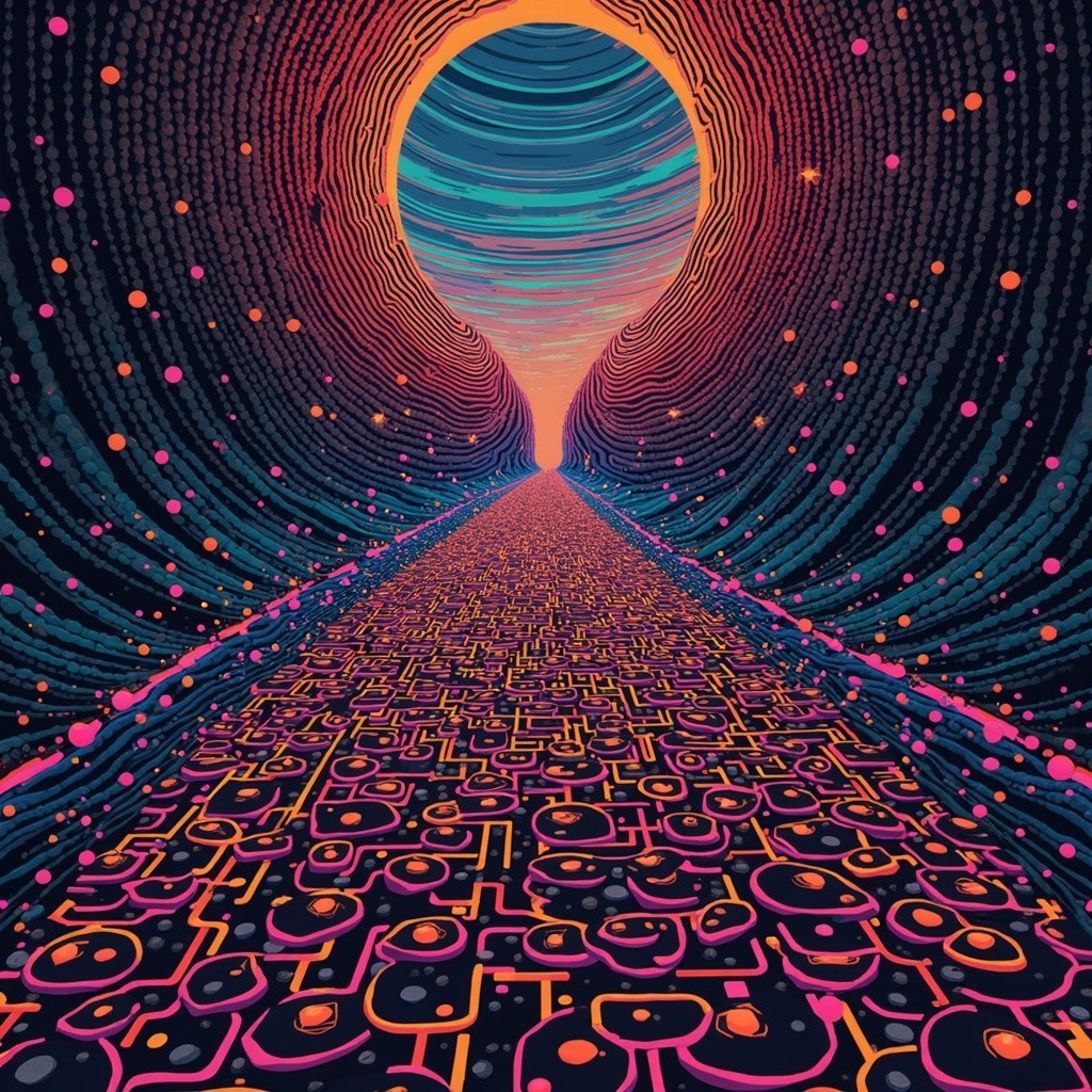 Vibrant Surreal Landscape with Winding Path and Sun