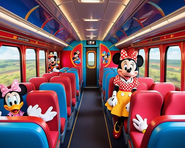 Vibrant Disney-Themed Train Interior with Colorful Artwork