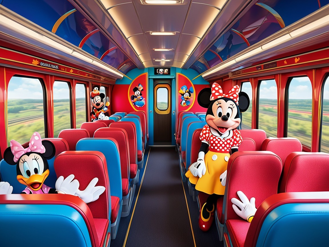 Vibrant Disney-Themed Train Interior with Colorful Artwork