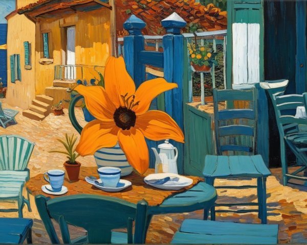 Vibrant Seaside Scene with Colorful Table Setting