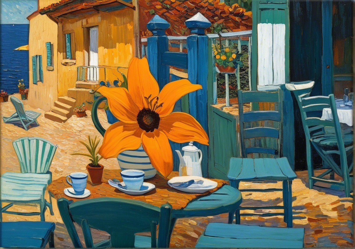 Vibrant Seaside Scene with Colorful Table Setting