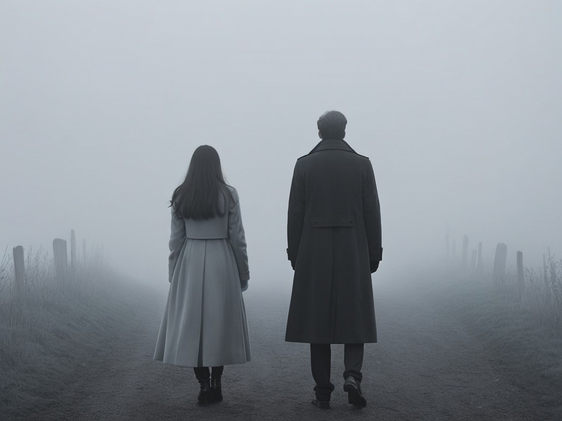 Misty Landscape with a Man and Woman Walking Together