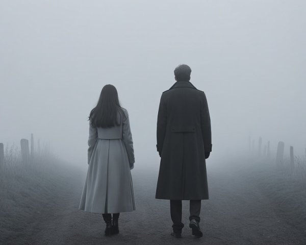 Misty Landscape with a Man and Woman Walking Together