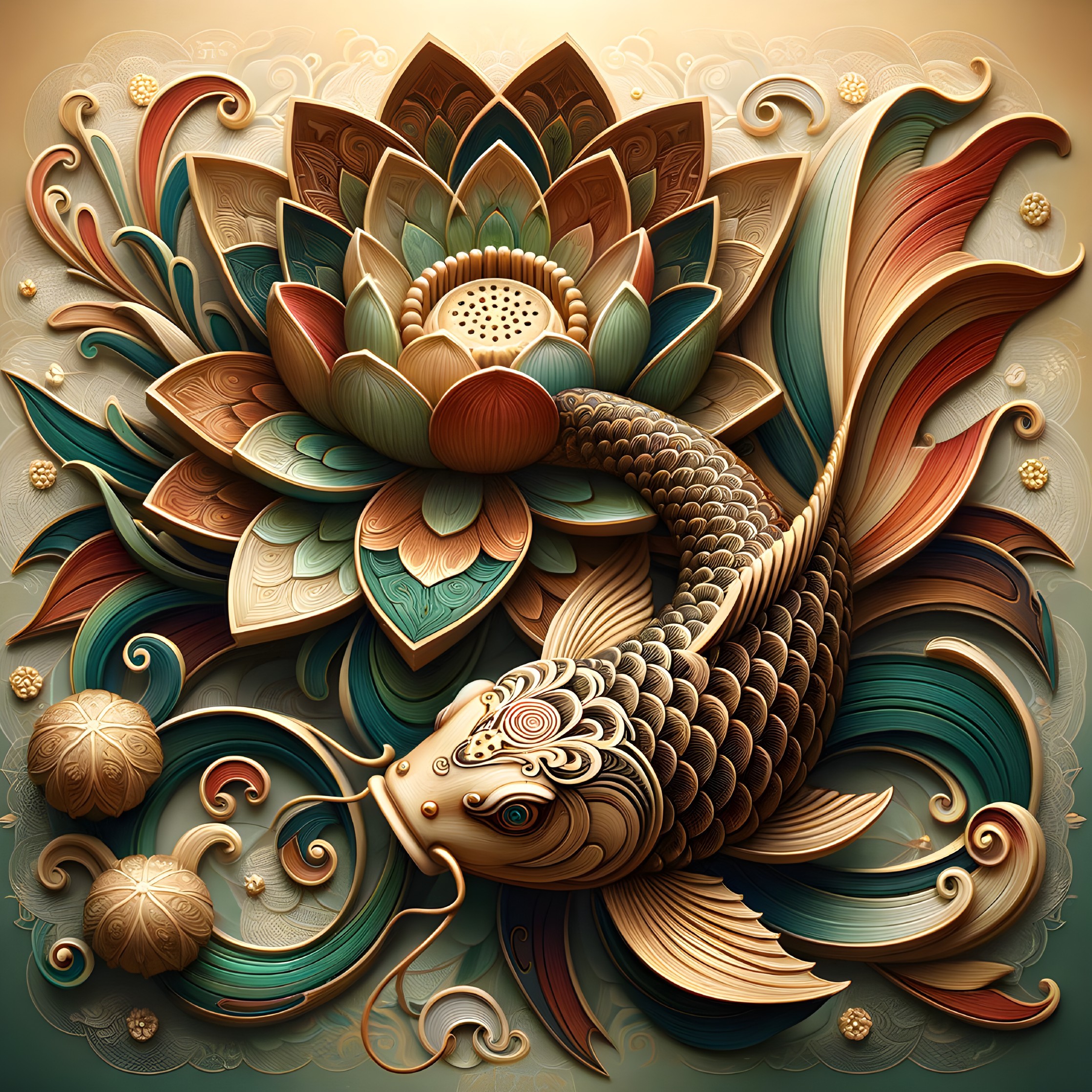Koi Fish and Floral Patterns in Warm Color Palette