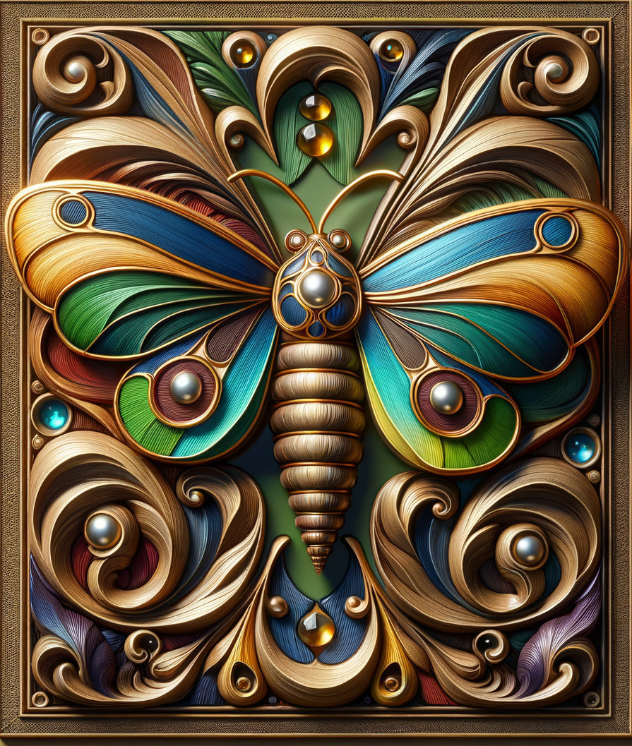 Ornate Metallic Butterfly Illustration with Gemstones
