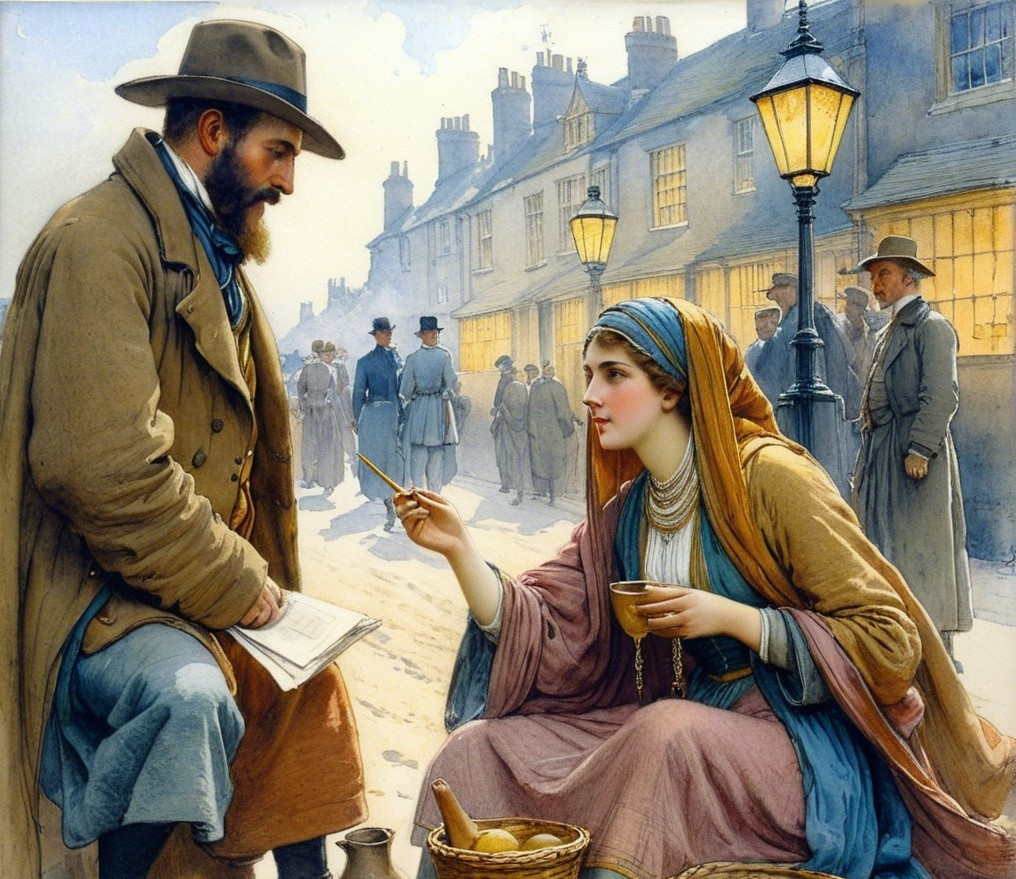 Historic street scene with gas lamps and period attire