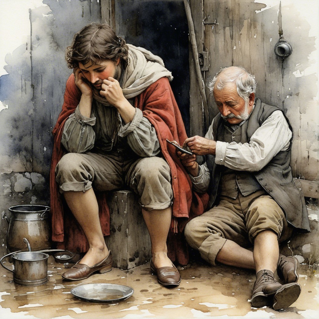Young boy and elderly man in rustic contemplation