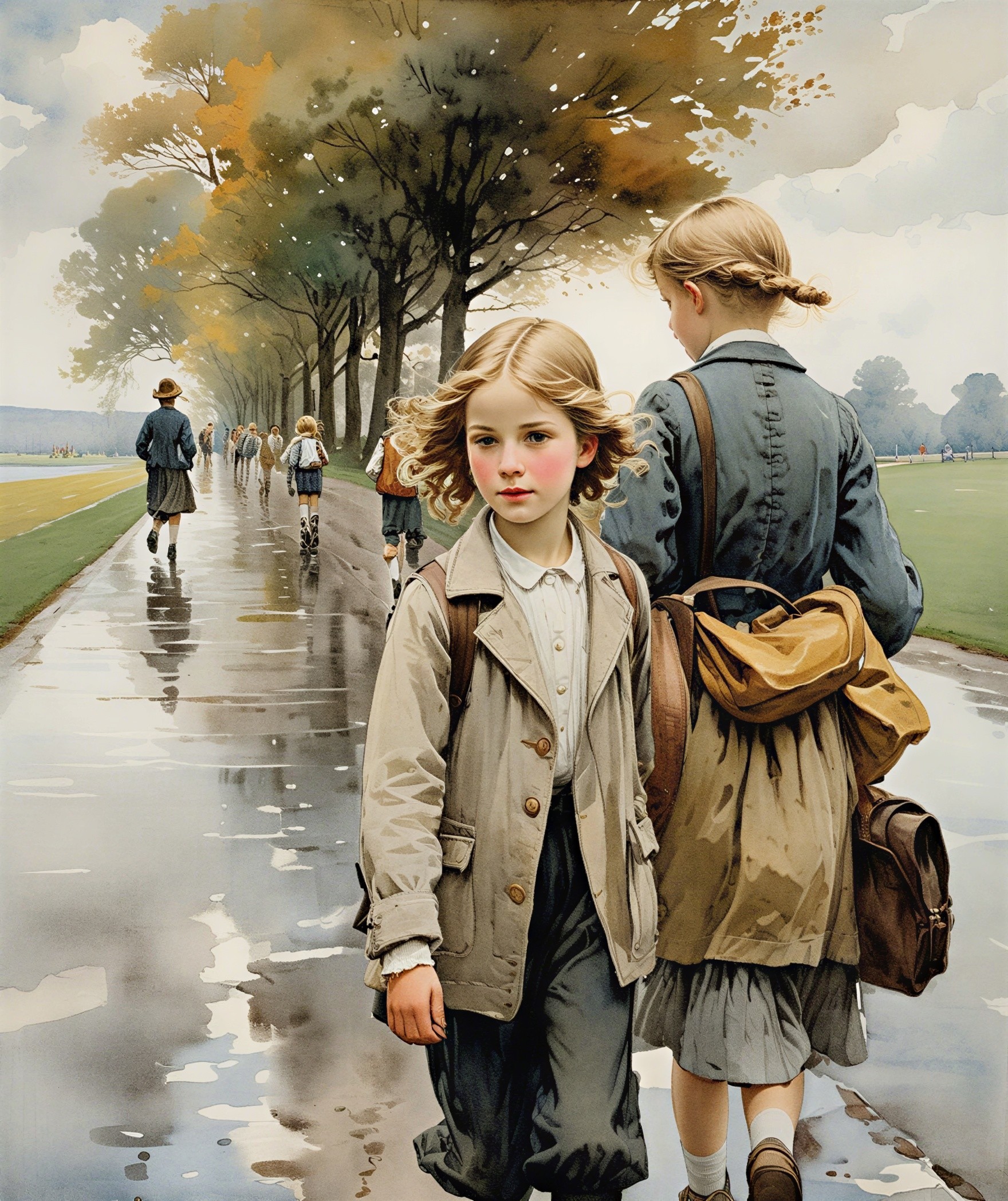 Schoolchildren Walking on a Rainy Autumn Pathway
