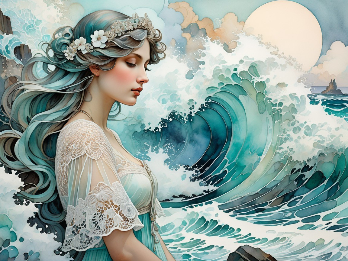 Serene Woman with Teal Hair by Ocean Waves