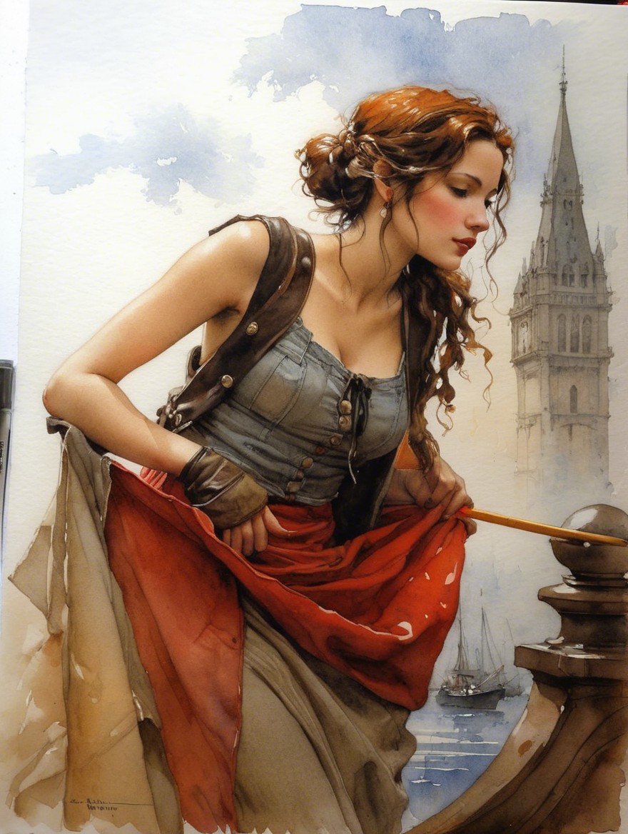 Young woman in elegant rustic attire by harbor scene