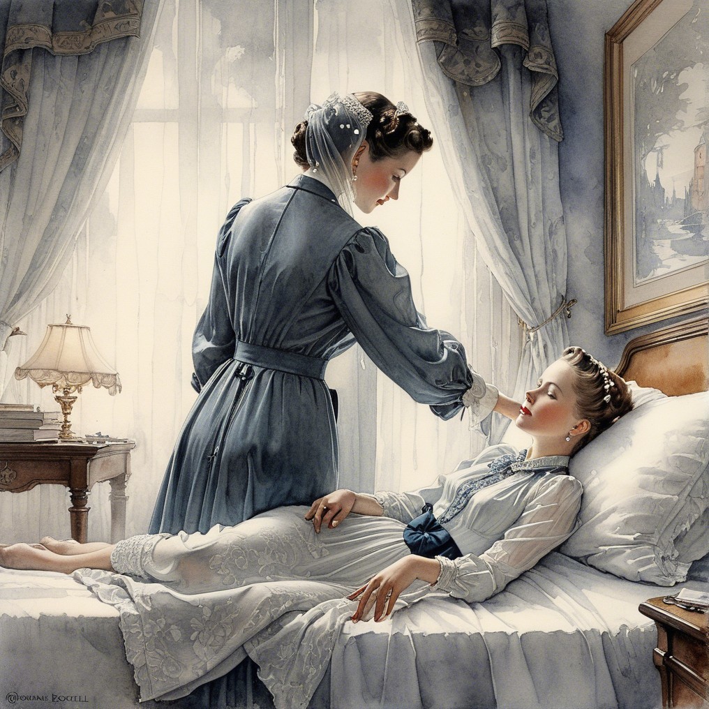 Watercolor Painting of Maid and Young Lady in Bedroom