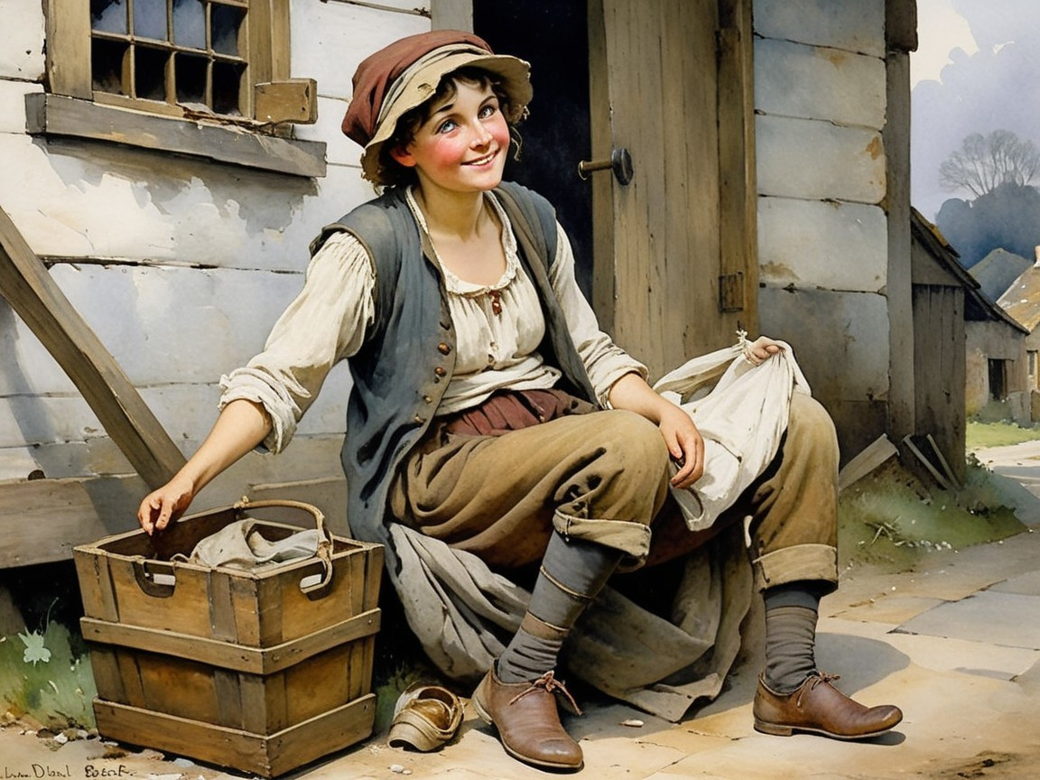 Young woman in period attire by wooden building