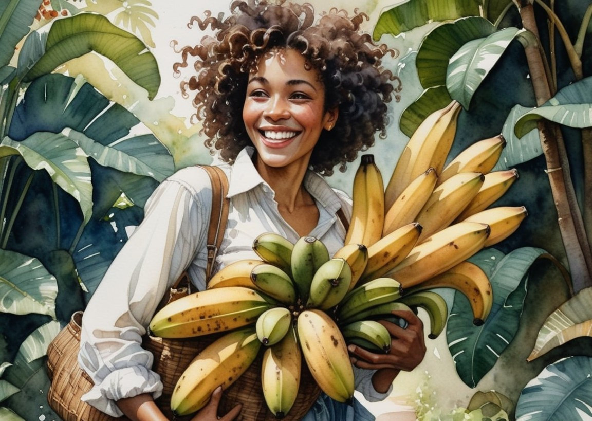 Woman with Basket of Bananas in Tropical Setting