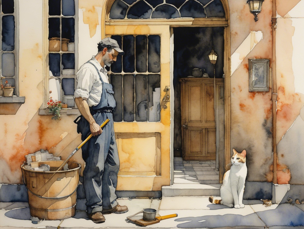 Man in Work Attire with Cat at Sunlit Doorway