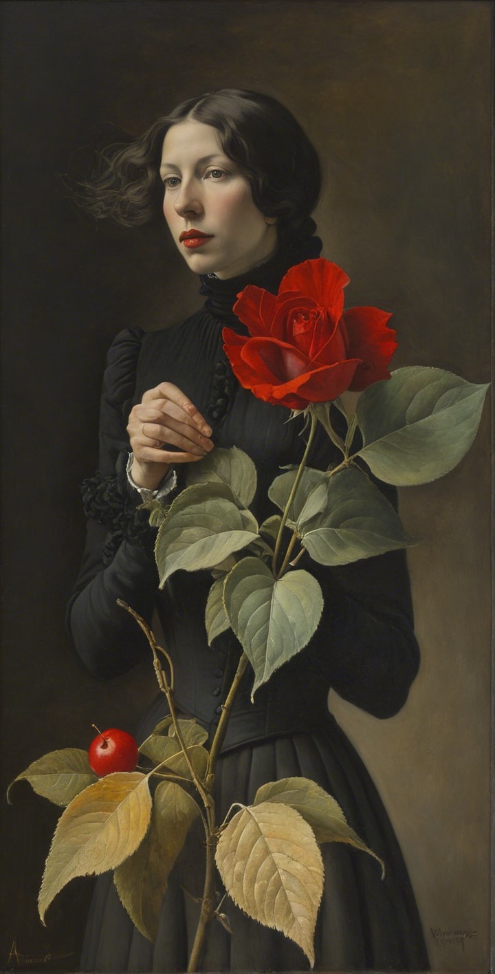 Portrait of a Young Woman with a Red Rose and Apple