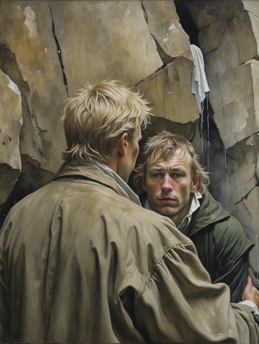 Male Figures in Trench Coat and Dark Jacket Setting