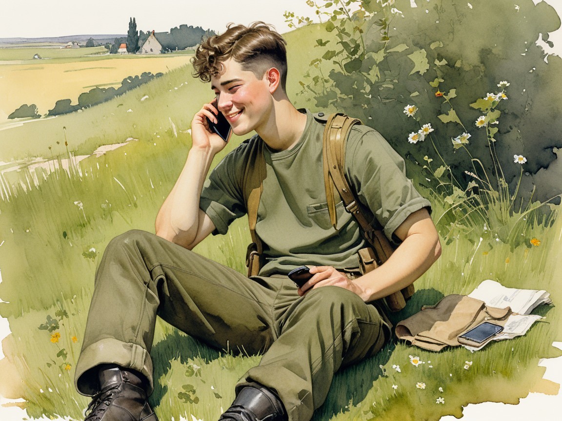 Watercolor Artwork of a Young Man on a Hillside